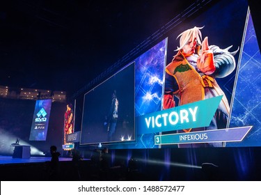 LAS VEGAS - AUGUST 4, 2019: Victory screen after esports competitor "Infexious" wins Street Fighter V (SFV) match at EVO 2019 Evolution Championship Series at Mandalay Bay Events Center.