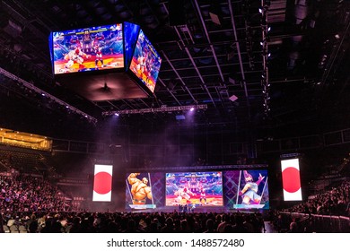 LAS VEGAS - AUGUST 4, 2019: Wide-Angle audience view of the start of Street Fighter V (SFV) match at eSports tournament EVO 2019 Evolution Championship Series in the Mandalay Bay Events Center.