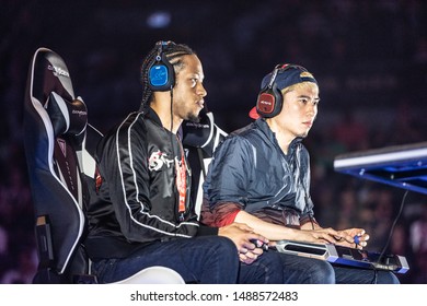 LAS VEGAS - AUGUST 4, 2019: Street Fighter V (SFV) match with Bonchan versus Infexious from Team Red Bull at eSports tournament EVO 2019 Evolution Championship Series at Mandalay Bay Events Center.