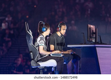 LAS VEGAS - AUGUST 4, 2019: Street Fighter V (SFV) match with iDom versus Fujimura from team Fudoh at eSports tournament EVO 2019 Evolution Championship Series at Mandalay Bay Events Center.