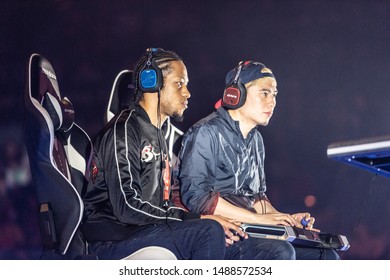 LAS VEGAS - AUGUST 4, 2019: Street Fighter V (SFV) match with Infexious versus Bonchan from Team Red Bull at eSports tournament EVO 2019 Evolution Championship Series at Mandalay Bay Events Center.