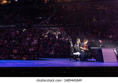 LAS VEGAS - AUGUST 4, 2019: Wide-angle view of Street Fighter V (SFV) match with Infexious versus Machabo at eSports tournament EVO 2019 Evolution Championship Series at Mandalay Bay Events Center.
