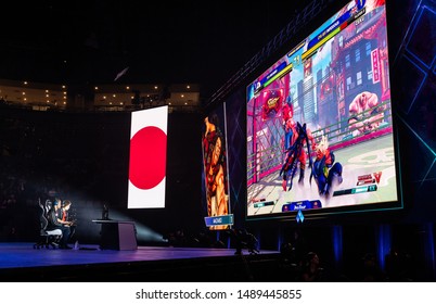 LAS VEGAS - AUGUST 4, 2019: Wide-angle view of Street Fighter V (SFV) match with Infexious versus Machabo at eSports tournament EVO 2019 Evolution Championship Series at Mandalay Bay Events Center.
