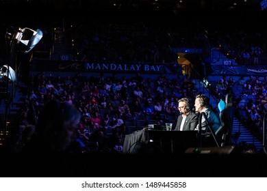 LAS VEGAS - AUGUST 4, 2019: James Chen and Seth Killian doing commentary for Street Fighter V (SFV) at eSports tournament EVO 2019 Evolution Championship Series at Mandalay Bay Events Center.