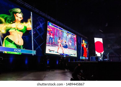 LAS VEGAS - AUGUST 4, 2019: Wide-angle view of Street Fighter V (SFV) match with iDom versus Bonchan at eSports tournament EVO 2019 Evolution Championship Series at Mandalay Bay Events Center.