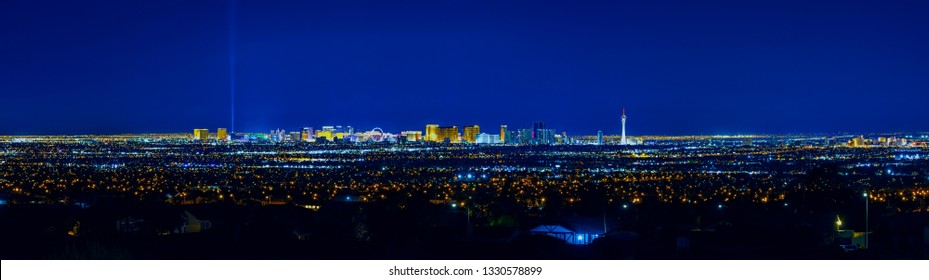 Las Vegas city skyline panorama at night with strip and old Vegas.