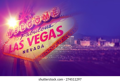 Las Vegas Concept Photo Collage. One Night in Vegas with Vegas Welcome Sign and Strip Panorama.