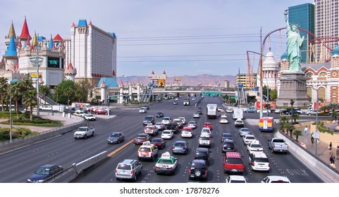 Las Vegas. Daytime. Excalibur Hotel, New York Hotel, Road Traffic