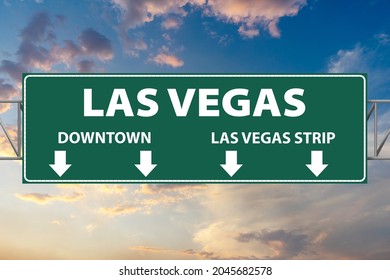 Las Vegas illustration freeway green sign with arrows for Downtown and Las Vegas Strip 