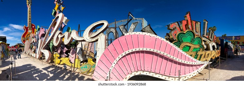 LAS VEGAS - JUNE 27, 2019: The Neon Museum, collection of neon old signs on a beautiful sunny day. Panoramic view.