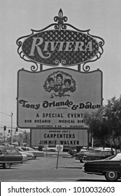 LAS VEGAS – JUNE22, 1979: Riviera and Tony Orlando logo in Las Vegas. Vintage picture taken in 1979.