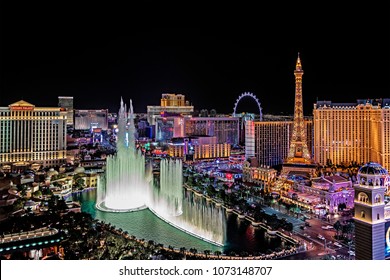 Las Vegas Nevada 2018-02-07: A Panoramic Aerial View Of The Las Vegas Strip, At Night.