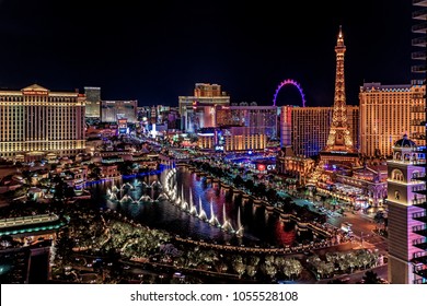 Las Vegas Nevada 2018-03-13: A Panoramic Aerial View Of The Las Vegas Strip, At Night.
