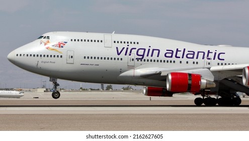 Las Vegas, Nevada - August 2018: A Boeing 747-400 of London-based Virgin Atlantic landing at Harry Reid Airport.