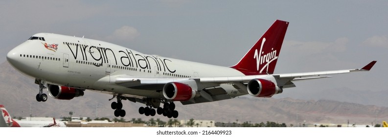 Las Vegas, Nevada - August 26 2018: A Boeing 747-400 of London-based Virgin Atlantic landing at McCarran Airport.
