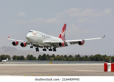 Las Vegas, Nevada - August 26 2018: A Boeing 747-400 of London-based Virgin Atlantic landing at McCarran Airport.