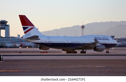 Las Vegas, Nevada - August 26 2018: A retro-themed Boeing 747-400 of British Airways taxiing at McCarran Airport.