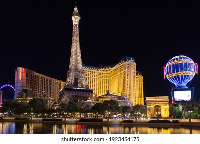 Las Vegas, Nevada - August 29, 2019: Paris Las Vegas Hotel and Casino at night in Las Vegas, Nevada, United States.