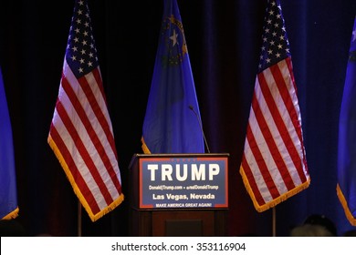 LAS VEGAS NEVADA, DECEMBER 14, 2015: Podium For Republican Presidential Candidate Donald Trump Campaign Event, Westgate Las Vegas Resort & Casino The Day Before The CNN Republican Presidential Debate