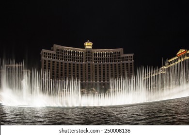 Las Vegas Nevada - December 16 : Dancing fountains synchronized to music displaying a beautiful show in front of The Bellagio Hotel and casino, December 16 2014 in Las Vegas, Nevada
