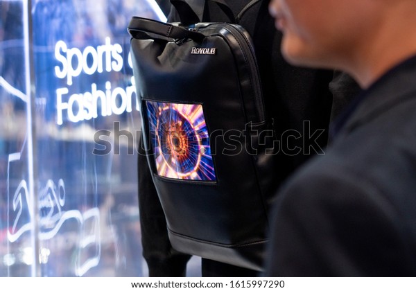 Las Vegas, Nevada - Jan 7th 2020: Chinese flex\
screen leading company showcases their flex screen on backpack\
style on CES 2020.