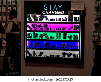 LAS VEGAS, NEVADA - January 9, 2020: Variety Of Chargers Displayed In A Colorful Showcase At The Annual Consumer Electronics Show