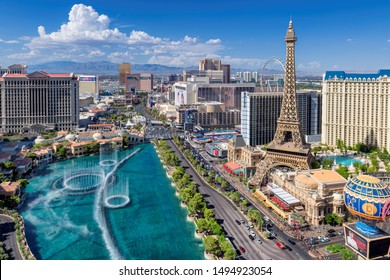 LAS VEGAS, NEVADA - JULY 2, 2019: Las Vegas Strip Skyline As Seen At Sunny Day On July 2, 2019 In Las Vegas, Nevada. Las Vegas Is One Of The Top Tourist Destinations In The World. 