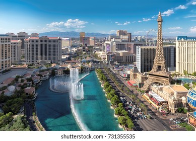 LAS VEGAS, NEVADA - July 24, 2017: Las Vegas Strip Skyline At Sunny Day On July 24, 2017 In Las Vegas, Nevada. Caesars Palace, The Flamingo And Paris Hotel And Casino Are In The Background.