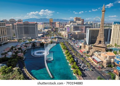 LAS VEGAS, NEVADA - July 24, 2017: Las Vegas Strip Skyline At Sunny Day On July 24, 2017 In Las Vegas, Nevada. Caesars Palace, The Flamingo And Paris Hotel And Casino Are In The Background. 