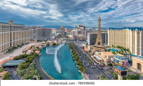 LAS VEGAS, NEVADA - July 25, 2017: World famous Las Vegas strip on July 25, 2017 in Las Vegas, Nevada. The Vegas Strip is home to the largest hotels and casinos in the world.