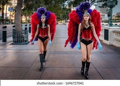 Las Vegas, Nevada - March 27, 2020: Showgirls On the Las Vegas Strip During the Coronavirus Covid-19