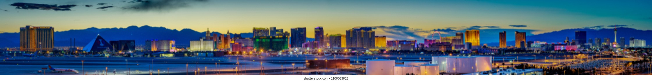 Las Vegas, Nevada - May 28, 2018 : Skyline view at sunset of the famous Las Vegas Strip located in world class hotels and casinos, NV