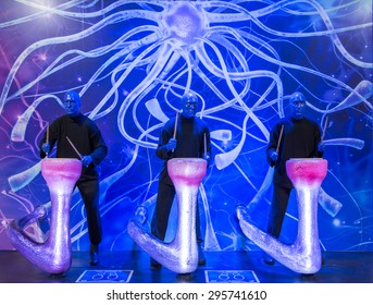 LAS VEGAS, NEVADA - MAY 28: Blue Men Group Statues In Monte Carlo Hotel On May 28, 2015 In Las Vegas, Nevada,USA. Blue Men Group Is Famous Las Vegas Show