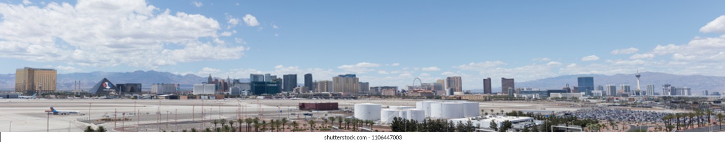 Las Vegas, Nevada - May 29, 2018 : The buildings and casinos on the strip cityscape downtown Las Vegas