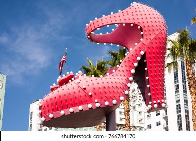 Las Vegas, Nevada, November 24, 2017: Close up of the famous Ruby Slipper neon sign, downtown Las Vegas, near the Fremont Street Experience. Las Vegas is known for its historical neon signs.