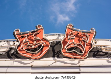 Las Vegas, Nevada, November 24, 2017: The Iconic Tragedy And Comedy Theater Symbol As A Neon Sign Above The El Cortez Casino And Hotel Downtown Las Vegas, A City Known For Its Beautiful Neon Signs.