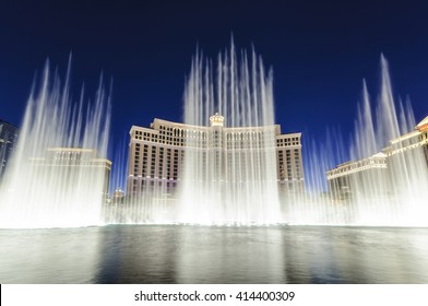 LAS VEGAS, NEVADA - SEPTEMBER 9: Water fountain show in front of the Bellagio Casino and Hotel at night on the strip on September 9, 2010.