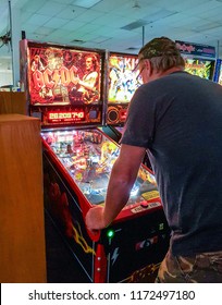 Las Vegas, Nevada United States Of America - May 2018:  A Man Playing A Pinball Game At An Arcade