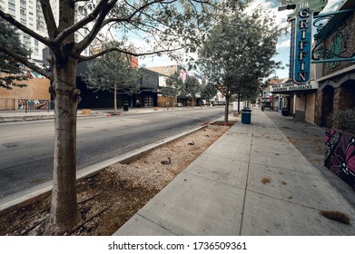 Las Vegas, Nevada / United States - March 23, 2020: A Empty Side Walk View Of Fremont St. During Lock Down