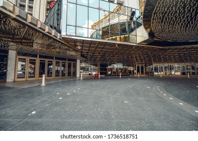 Las Vegas, Nevada / United States - March 23, 2020: Plaza Casino Hotel During Closure Showing Empty Valet Parking Lot.