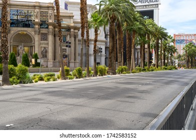 Las Vegas, Nevada / United States - May 22, 2020: An Empty Las Vegas Strip Road Leading Up North To Treasure Island. 