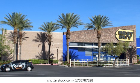 Las Vegas, Nevada, USA 05-16-2020
Best Buy Store Front And Geek Squad Car  Editorial Submission