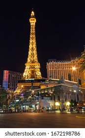 LAS VEGAS, NEVADA, USA - 11 SEPTEMBER 2014 : View of the Eiffel Tower replica in front of the Paris hotel in the strip at night.