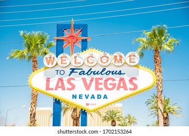 Las Vegas, Nevada / USA - April 2020: The Welcome to Fabulous Las Vegas sign in Las Vegas, Nevada USA during the sunny day. Drive carefully. Come back soon to the most fun sin city place