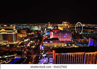 LAS VEGAS, NEVADA, USA - APRIL 22, 2015: Aerial view of Strip, stretch of 4.2 miles at Las Vegas Boulevard, the main street and home of the largest hotels and casinos on April 22, 2015 in Las Vegas.