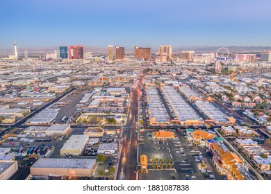 LAS VEGAS, NEVADA, USA - DECEMBER 21, 2020: Las Vegas Skyline From Above At Twilight