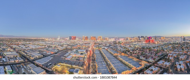 LAS VEGAS, NEVADA, USA - DECEMBER 21, 2020: Las Vegas Skyline From Above At Twilight