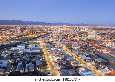 LAS VEGAS, NEVADA, USA - DECEMBER 21, 2020: Las Vegas Skyline From Above At Twilight