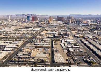 LAS VEGAS, NEVADA, USA - DECEMBER 23, 2020: Las Vegas Skyline From Above During The Day