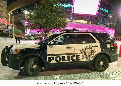 LAS VEGAS, NEVADA, USA - FEBRUARY 2019: Police Patrol Vehicle Of The Las Vegas Metropolitan Police Parked Outside The T Mobile Arena.